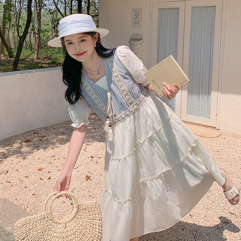 奶白色泡泡袖连衣裙夏季女2025新款蕾丝拼接甜美假两件长款初恋裙,女装连衣裙,2C122