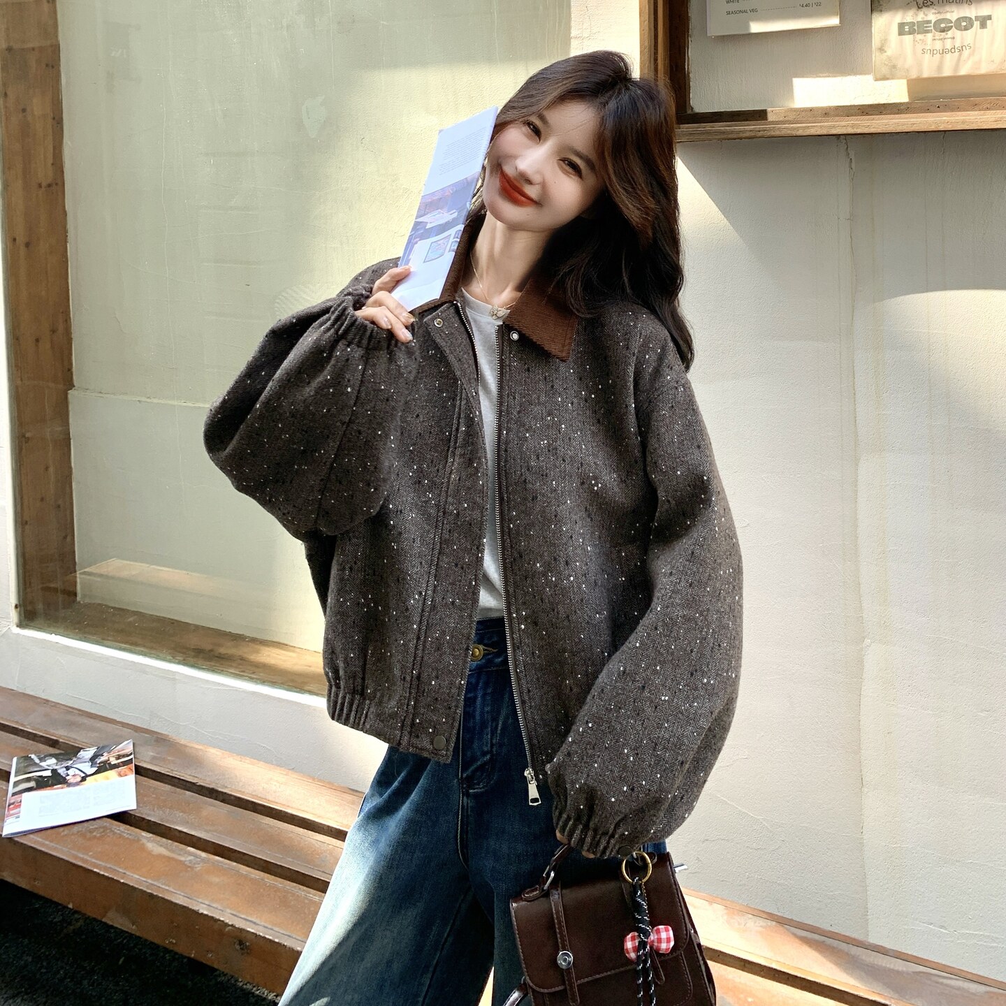 美式复古宽松显瘦翻领工装外套短款夹克女秋冬休闲加厚棒球服,女装短外套,2C166