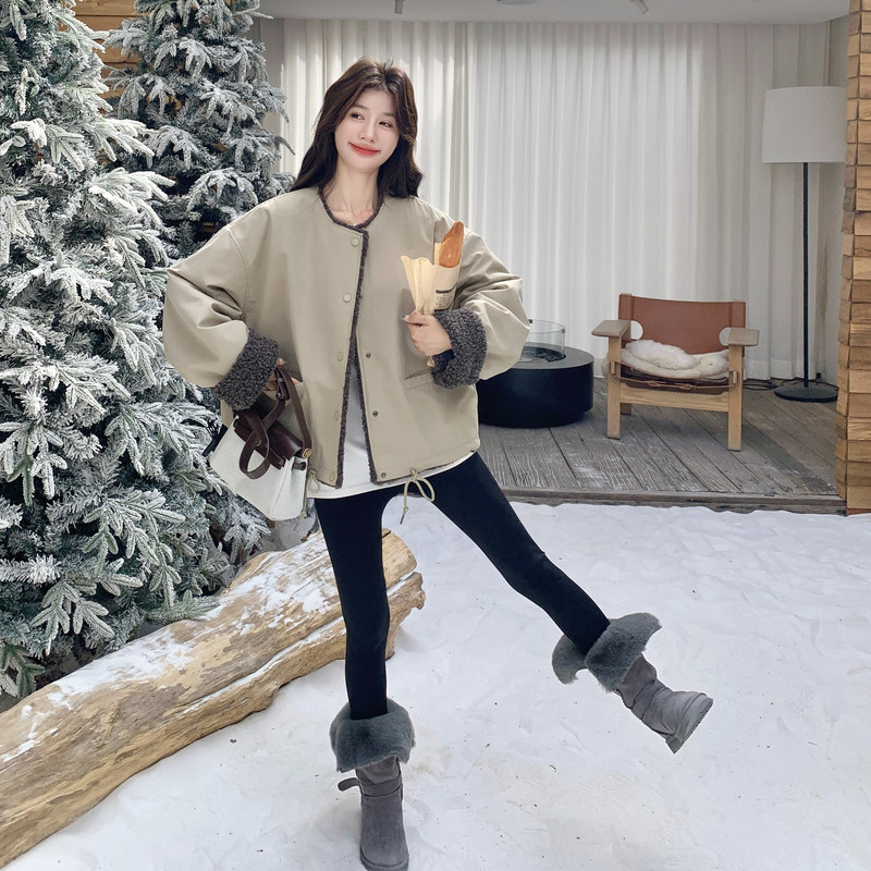 卡其绿工装派克服女秋冬2025新款皮毛一体加厚加绒爆款巨好看棉服,女装短外套,2D013