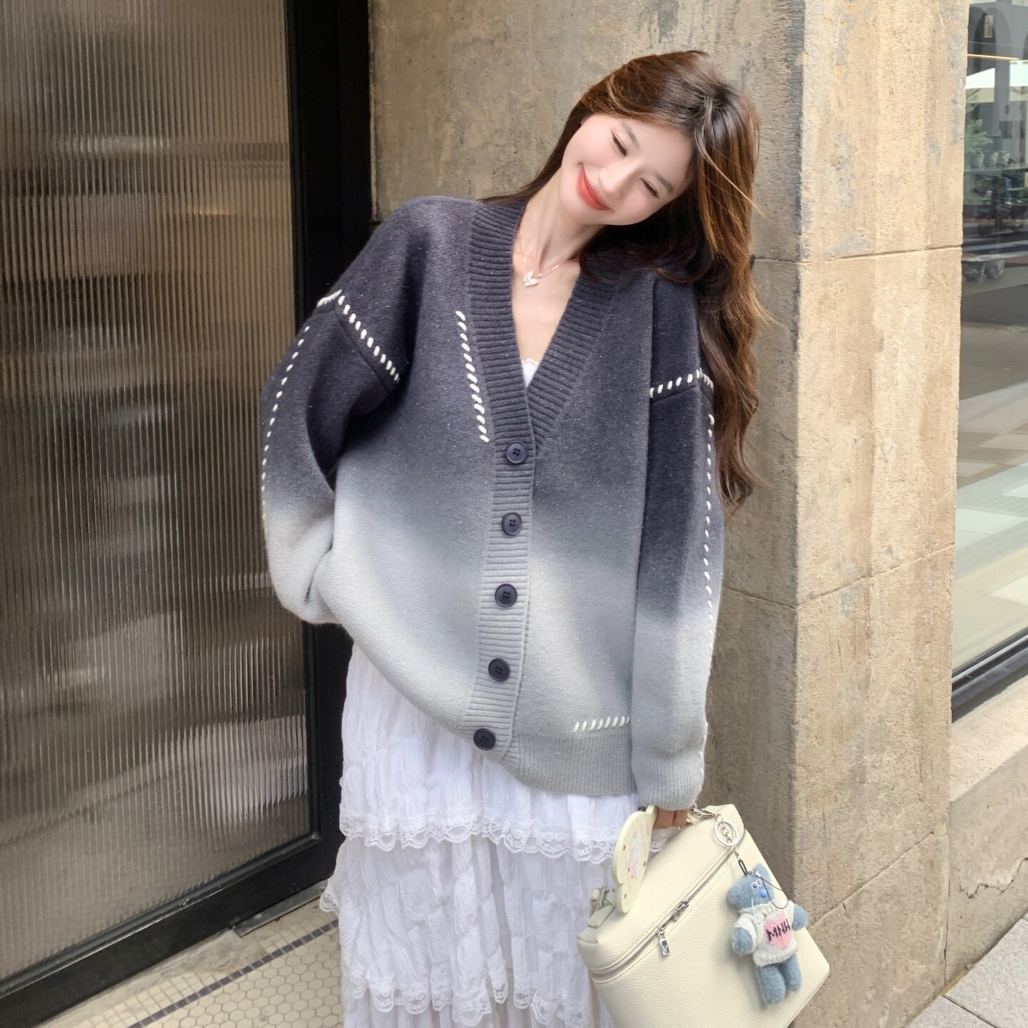 慵懒风渐变色针织外套女2025秋新款超好看高级感洋气减龄毛衣开衫,针织衫/毛衣,2C258