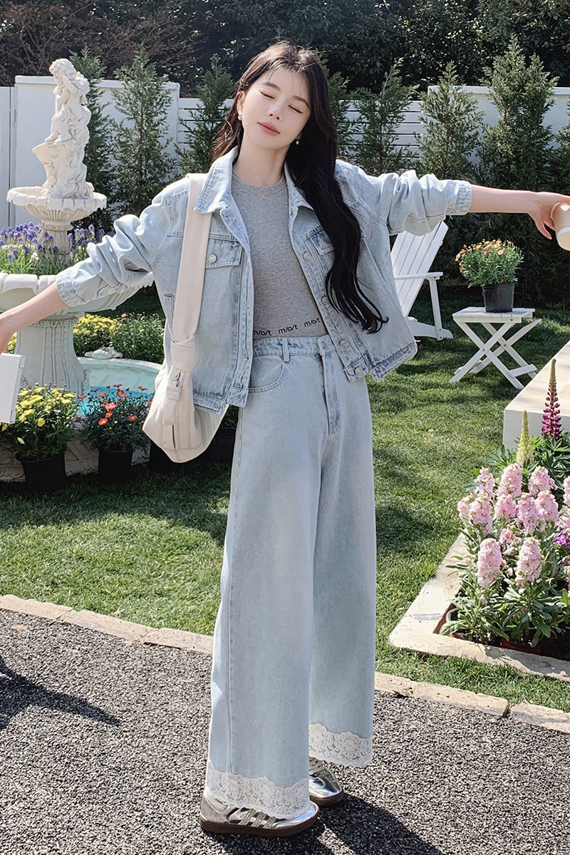 小个子时髦牛仔套装女秋季2025新款花边拼接圆领外套阔腿裤两件套,女装套装/套裙,2C212