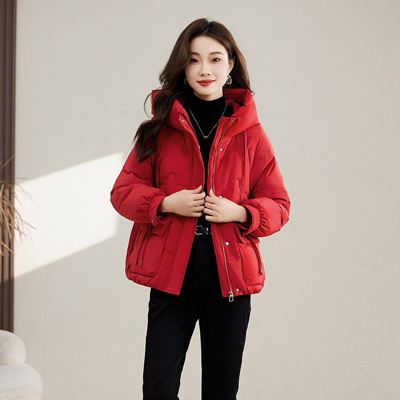 连帽羽绒服女2025年冬季新款加厚保暖宽松显瘦大红色过年喜庆外套,女装羽绒服,蓝朵琳