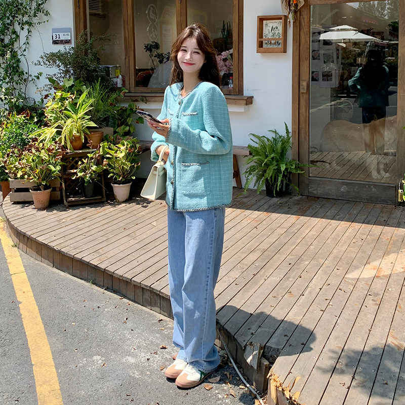 法式千金绿色小香风外套女2024春秋新款小个子高级感圆领短款上衣,女装短外套,2C029