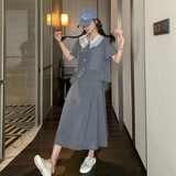 俏皮活动少女灰色衬衫半身裙套装女夏巨好看学院风两件套流行爆款，女装套装/套裙，2C115