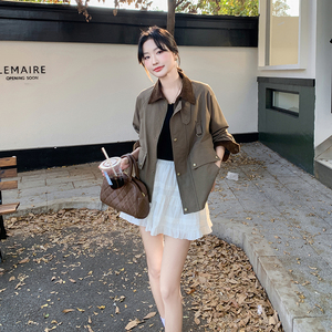 复古咖色灯芯绒拼接工装外套女2025春季新款休闲百搭宽松夹克上衣图片