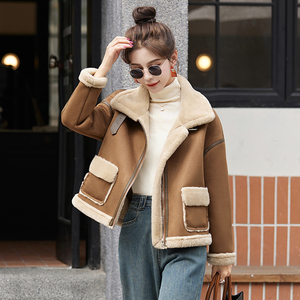 短款皮毛一体羊羔毛外套女2024冬季新款加厚保暖机车服羊羔绒棉衣图片