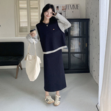 藏青色拼接条纹卫衣套装裙女春季2025新款韩版学院风半身裙两件套，女装套装/套裙，2C135