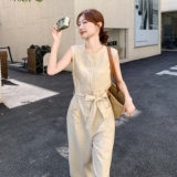 欧货洋气时尚圆领米色连体裤女夏季无袖设计感宽松休闲百搭阔腿裤，女装连体裤，2C218