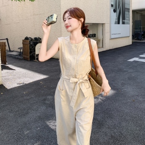 欧货洋气时尚圆领米色连体裤女夏季无袖设计感宽松休闲百搭阔腿裤图片