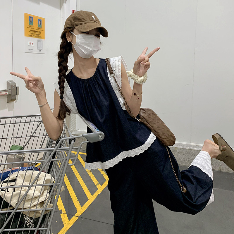 上新夏季时尚蕾丝拼接牛仔套装2C098-869P130K188,女装套装/套裙,2C098