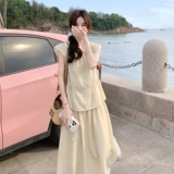 浅黄色法式假两件连衣裙女夏2025新款今年流行爆款显瘦超好看裙子，女装连衣裙，2C166