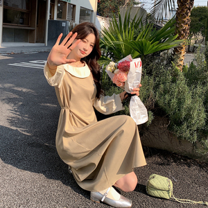 卡其色长袖气质连衣裙女春季2025新款法式收腰显瘦温柔风a字长裙图片