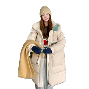 新款冬季90白鸭绒中长款韩版拼色连帽米白羽绒服P310K469图片