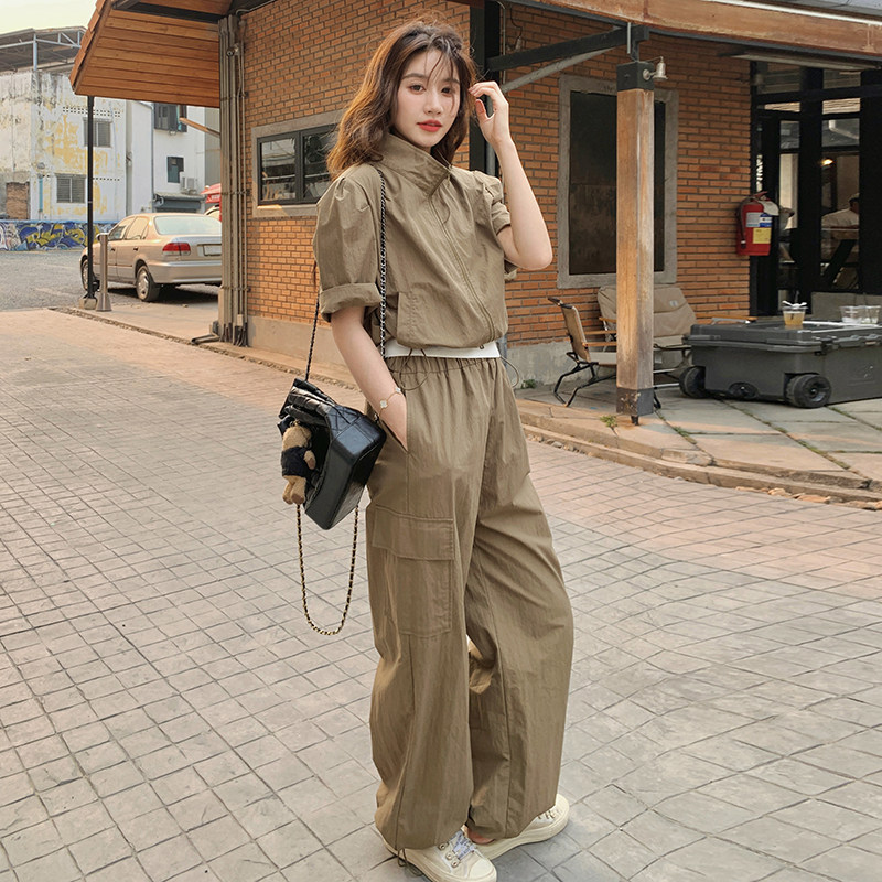 新品军绿色休闲工装短袖上衣裤子两件套2577-P145-K218,女装套装/套裙,2C159