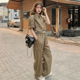 新品军绿色休闲工装短袖上衣裤子两件套2577-P145-K218，女装套装/套裙，2C159