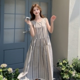 灰色波西米亚印花无袖连衣裙女2025夏季法式度假风气质显瘦背心裙，女装连衣裙，2C327