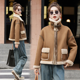 短款皮毛一体羊羔毛外套女2024冬季新款加厚保暖机车服羊羔绒棉衣，女装短外套，自然秀