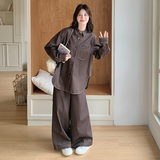 新品现货咖色牛仔衬衫外套+阔腿裤两件套8679款P175控258，女装套装/套裙，2C139