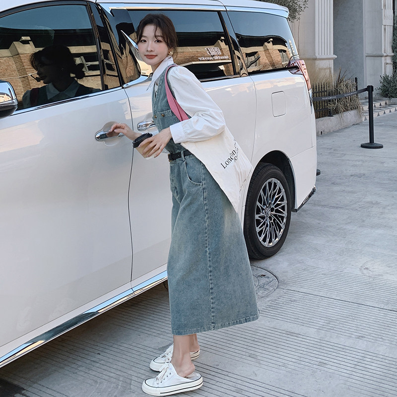 超好看复古牛仔连衣裙长袖衬衫两件套女2024春秋新款气质长裙套装,女装套装/套裙,2C159