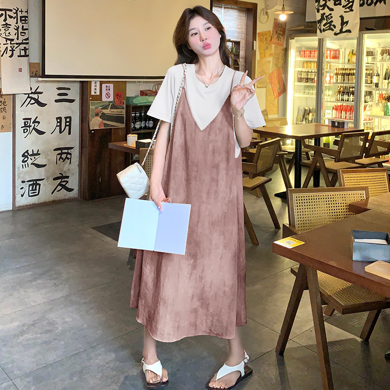 粉色假两件拼接连衣裙女夏季2025新款设计感独特高级感显瘦吊带裙,女装连衣裙,2C139