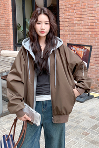 咖色假两件连帽休闲外套女春秋2025新款学院风气质流行爆款巨好看图片