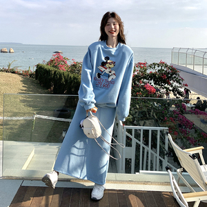 蓝色休闲卫衣运动套装裙女春秋2025新款韩系ootd学院风两件套爆款图片