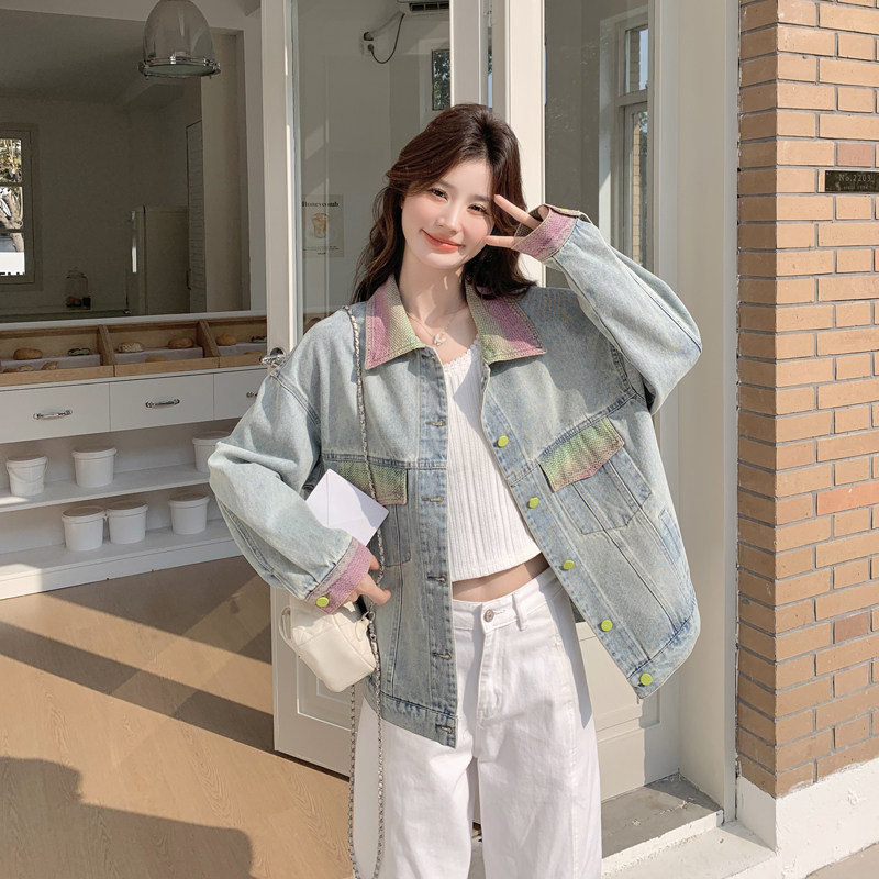 独特超好看设计感蓝色拼接牛仔外套女春秋2025高级感小众休闲夹克,女装短外套,2C266