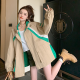 【现货】拼接风衣卡其色冲锋衣连帽外套2265P155控228，女装风衣，2C166