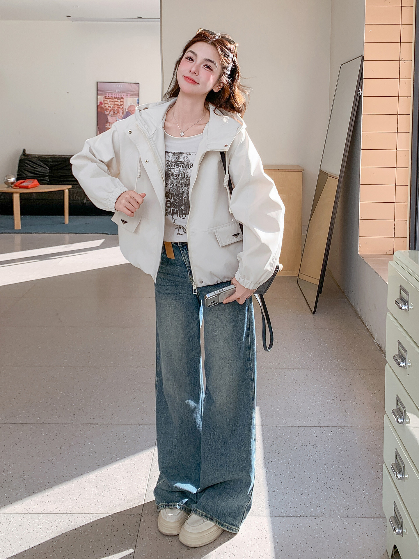 现货！现货！韩系休闲连帽短款外套女2026春秋新款小个子夹克上衣,女装短外套,2C306