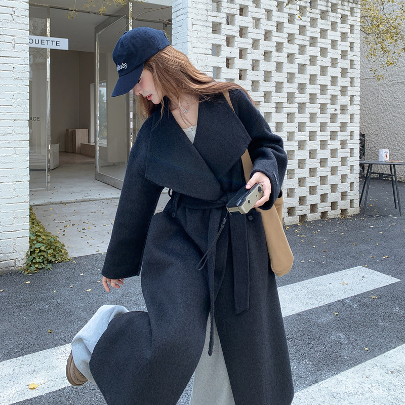 新款2B114P265K335长款秋冬双面羊绒大衣外套翻领配腰带百搭,女装毛呢外套,2B114