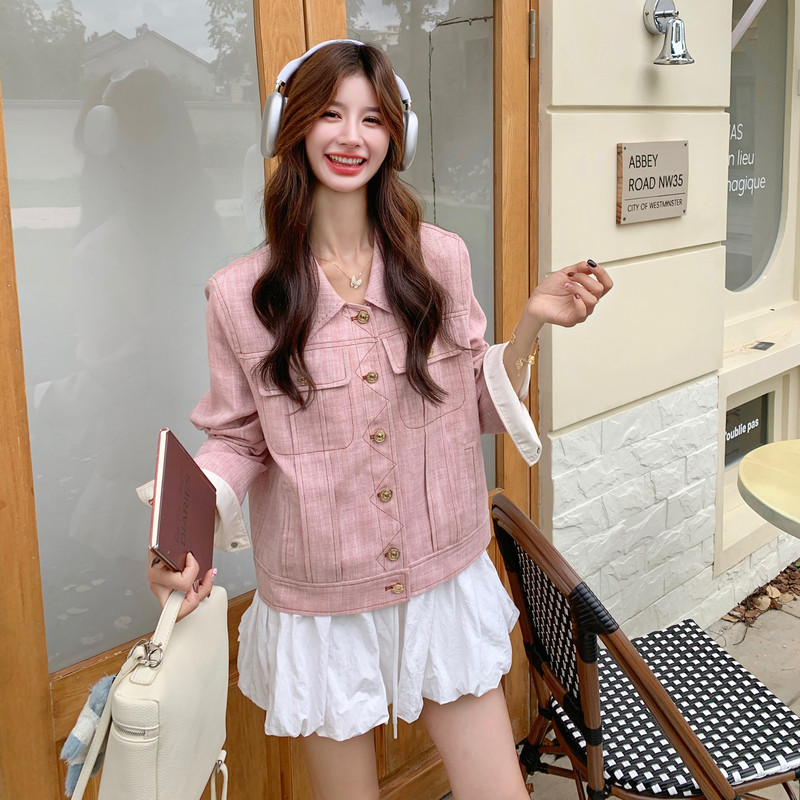 粉色超好看小香风外套女2025年秋季新款韩系设计感小个子翻领夹克图片