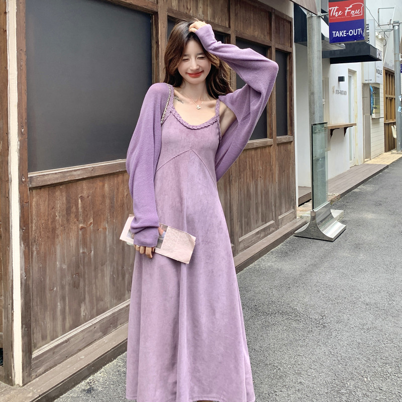 紫色法式气质御姐范吊带连衣裙套装女2026秋季新款针织开衫两件套,女装套装/套裙,2C159