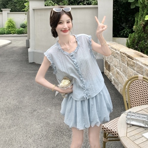 俏皮减龄套装裙女小个子2025夏季新款木耳边马甲花苞半身裙两件套图片