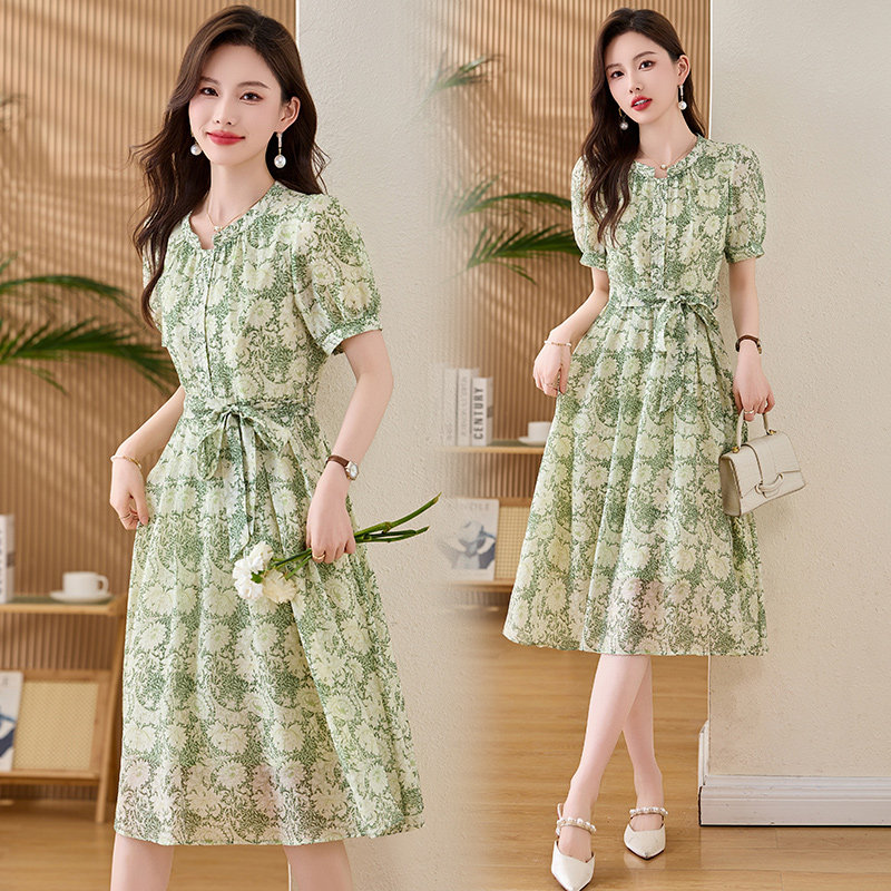 【现货】洋气碎花连衣裙女时尚流行系带收腰1C115-6223-P115-K258,女装连衣裙,吾爱衣