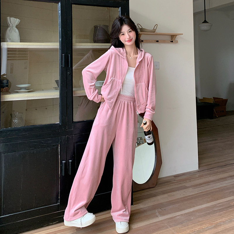 粉色减龄休闲连帽卫衣套装女2025春秋新款显瘦阔腿裤运动服两件套,女装套装/套裙,2C009