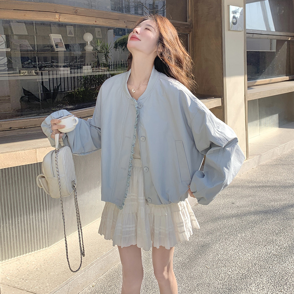 蓝色立领皮衣外套女2025春季新款韩系高级感休闲百搭短款PU皮夹克,女装套装/套裙,2C203