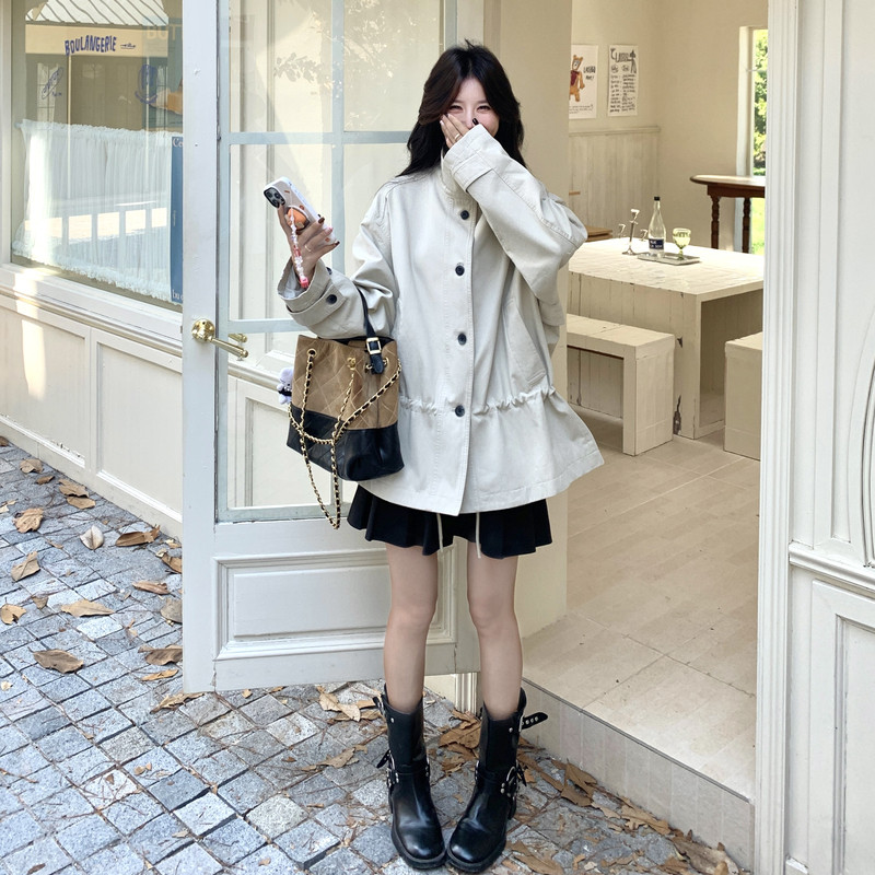 韩系2026秋季新款宽松休闲百搭显瘦立领单排扣收腰长袖外套女,女装风衣,2C159