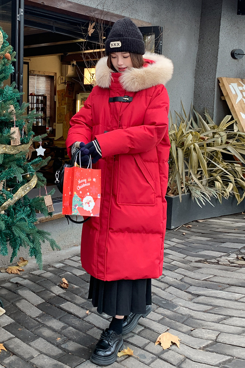 新款羽绒服女冬季2025新款休闲加厚白鸭绒新年红中长款外套,女装羽绒服,2C177