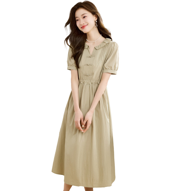 纯棉新中式连衣裙女2025新款夏季风盘扣收腰显瘦减龄中长款裙子,女装连衣裙,1D073