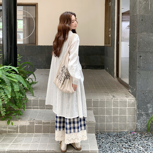 格子轻法式复古刺绣连衣裙套装女2026秋季新款蕾丝边阔腿裤两件套图片