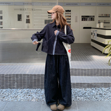复古休闲气质格纹拼接牛仔衬衫阔腿裤套装女春秋季ootd穿搭两件套，女装套装/套裙，2C323