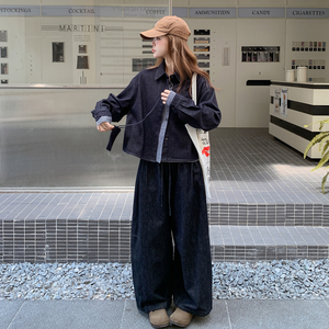 复古休闲气质格纹拼接牛仔衬衫阔腿裤套装女春秋季ootd穿搭两件套图片