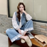 韩版蕾丝拼接牛仔马甲套装女2025春秋季新款显瘦T恤阔腿裤三件套，女装套装/套裙，2C307