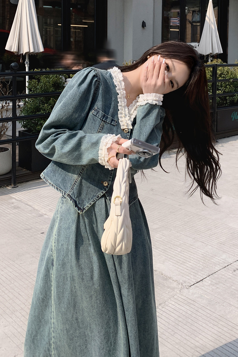小香风v领牛仔连衣裙女夏薄款2025年新款法式超好看长裙两件套装,女装套装/套裙,2C255