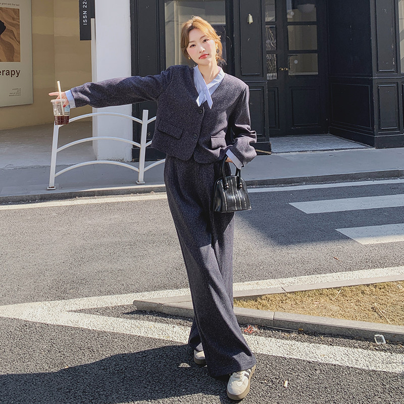 高级小众穿搭韩系chic灰色西服套装女初春秋超火好看阔腿裤两件套,女装套装/套裙,2C077