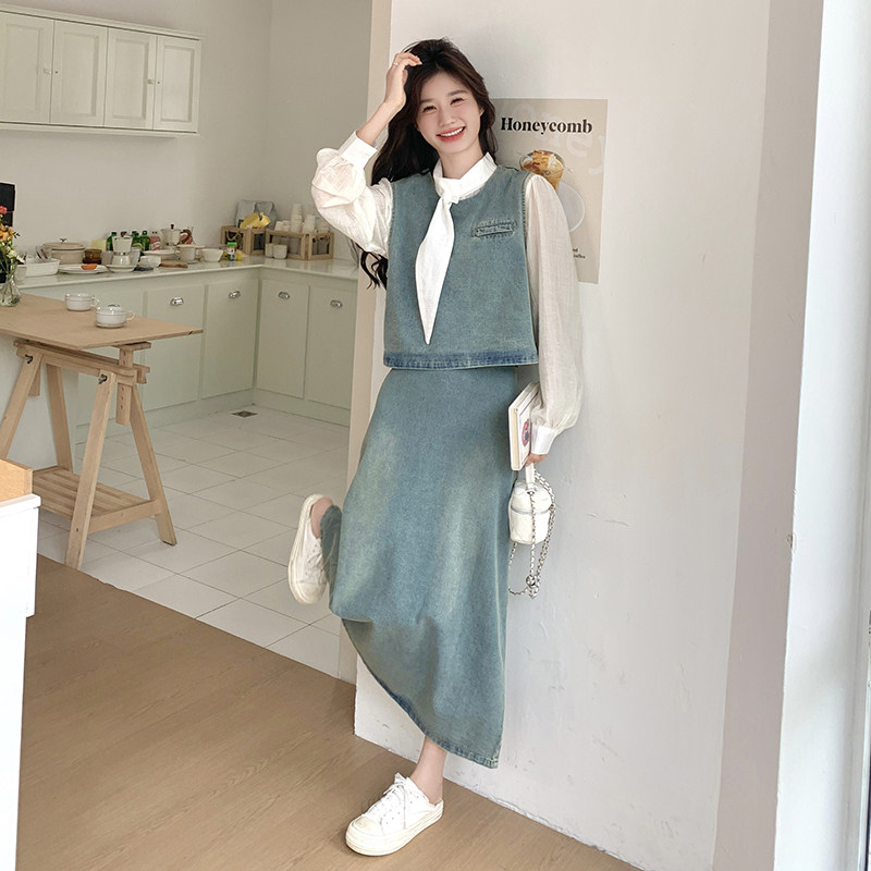 时尚牛仔小香风套装女2025春秋新款洋气减龄马甲小衫阔腿裤两件套图片