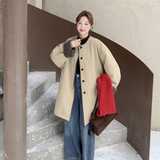 卡其色长款加绒厚圆领外套2025新款女冬气质高级感羊羔毛风衣大衣，女装派克服，2C159