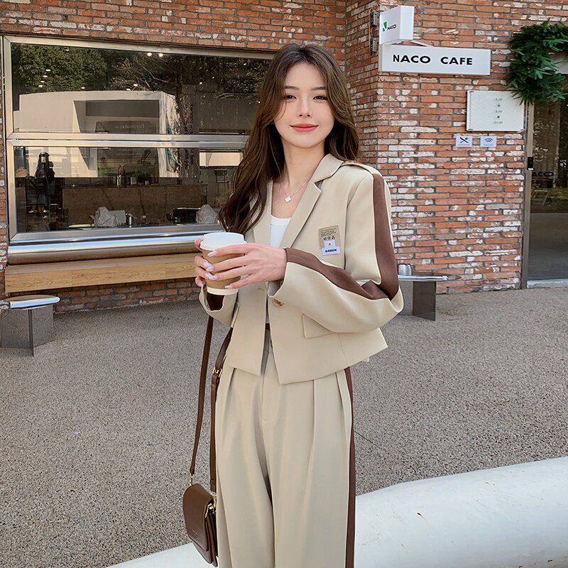 韩系高级感短款西装上衣套装女2025春秋季新款宽松显瘦长裤两件套,女装套装/套裙,2C311
