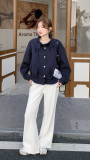 藏青色短款立领休闲外套女秋2025新款小个子宽松洋气百搭爆款上衣，女装短外套，2D008