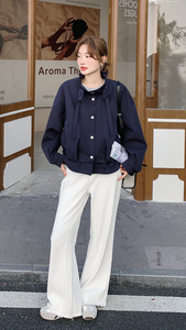 藏青色短款立领休闲外套女秋2025新款小个子宽松洋气百搭爆款上衣图片
